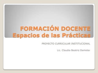 FORMACIÓN DOCENTEEspacios de las Prácticas PROYECTO CURRICULAR INSTITUCIONAL Lic. Claudia Beatriz Demeter 