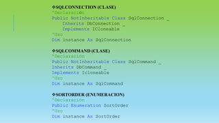 SQLCONNECTION (CLASE)
'Declaración
Public NotInheritable Class SqlConnection _
Inherits DbConnection _
Implements ICloneable
'Uso
Dim instance As SqlConnection
SQLCOMMAND (CLASE)
'Declaración
Public NotInheritable Class SqlCommand _
Inherits DbCommand _
Implements Icloneable
'Uso
Dim instance As SqlCommand
SORTORDER (ENUMERACION)
'Declaración
Public Enumeration SortOrder
'Uso
Dim instance As SortOrder
 
