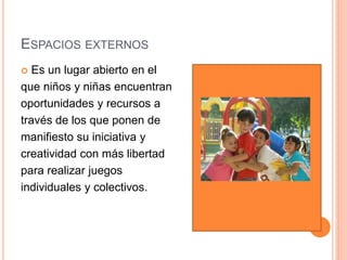 ESPACIOS EXTERNOS 
 Es un lugar abierto en el 
que niños y niñas encuentran 
oportunidades y recursos a 
través de los que ponen de 
manifiesto su iniciativa y 
creatividad con más libertad 
para realizar juegos 
individuales y colectivos. 
 