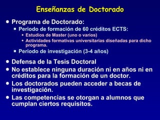 Enseñanzas de Doctorado Programa de Doctorado: Periodo de formación de 60 créditos ECTS: Estudios de Master (uno o varios) Actividades formativas universitarias diseñadas para dicho programa. Periodo de investigación (3-4 años) Defensa de la Tesis Doctoral No establece ninguna duración ni en años ni en créditos para la formación de un doctor. Los doctorados pueden acceder a becas de investigación. Las competencias se otorgan a alumnos que cumplan ciertos requisitos. 