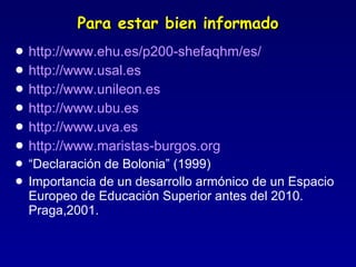 Para estar bien informado http://www.ehu.es/p200-shefaqhm/es/ http://www.usal.es http://www.unileon.es http://www.ubu.es http://www.uva.es http://www.maristas-burgos.org “ Declaración de Bolonia” (1999) Importancia de un desarrollo armónico de un Espacio Europeo de Educación Superior antes del 2010. Praga,2001. 