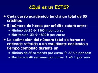 ¿Qué es un ECTS? Cada curso académico tendrá un total de 60 créditos El número de horas por crédito estará entre: Mínimo de 25    1500 h por curso Máximo de  30    1800 h por curso La estimación del número total de horas se entiende referida a un estudiante dedicado a tiempo completo durante un Mínimo de 36 semanas por curso    37,5 h por sem Máximo de 40 semanas por curos    40  h por sem 