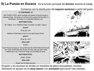 II) La Puesta en Escena Es la función principal del director durante el rodaje.
El guión y las escenas se dividen en tamaños de plano (encuadres); muchos
directores se apoyan en el story board o en animatics para tener más claridad.
Comienza con la distribución del espacio escénico a partir del guión.
47 CONTINUED: 47
MATTHEW PATEL lands onstage and glares at Scott through a
lopsided fringe. He wears an evil grin and a jacket that borders on
flamboyant. He drags on a cigarette (blacked out).
MATTHEW PATEL
Mr. Pilgrim. It is I, Matthew Patel. Consider our fight...begun!
SCOTT
What did I do?
Matthew Patel leaps in the air and sails toward Scott.
SCOTT
What do I do?!
WALLACE
FIGHT!
Scott throws his bass to Young Neil and BLOCKS Patel with his left
arm, then PUNCHES him across the floor with his right. Patel
LANDS like a cat, FLIPS his fringe and GLARES at Scott.
MATTHEW PATEL
Alright. Alright.
WALLACE
Watch out! It's that one guy!
 