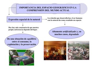 IMPORTANCIA DEL ESPACIO GEOGRÁFICO EN LA
COMPRENSIÓN DEL MUNDO ACTUAL
Expresión espacial de lo natural
La relación que desarrolla hoy el ser humano
con lo natural da como resultado un espacio
Altamente artificializado y, en
muchos casos, degradado
Hoy hay más conciencia de que nuestra
propia subsistencia depende del logro
De una situación de equilibrio
entre el consumo, la
explotación y la preservación
 