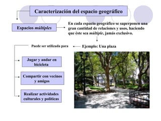 Caracterización del espacio geográfico
Espacios múltiples
En cada espacio geográfico se superponen una
gran cantidad de relaciones y usos, haciendo
que éste sea múltiple, jamás exclusivo.
Ejemplo: Una plazaPuede ser utilizada para
Jugar y andar en
bicicleta
Compartir con vecinos
y amigos
Realizar actividades
culturales y políticas
 