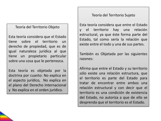 Teoría del Territorio Sujeto
Esta teoría considera que entre el Estado
y el territorio hay una relación
estructural, ya que éste forma parte del
Estado, tal como sería la relación que
existe entre el todo y una de sus partes.
También es Objetada por las siguientes
razones:
Afirma que entre el Estado y su territorio
sólo existe una relación estructura, que
el territorio es parte del Estado para
tratar de encontrar entre ambos una
relación estructural y con decir que el
territorio es una condición de existencia
del Estado, no autoriza a que de ello se
desprenda que el territorio es el Estado.
Teoría del Territorio Objeto
Esta teoría considera que el Estado
tiene sobre el territorio un
derecho de propiedad, que es de
igual naturaleza jurídica al que
tiene un propietario particular
sobre una cosa que le pertenezca.
Esta teoría es objetada por la
doctrina por cuanto: No explica en
el aspecto jurídico, No explica en
el plano del Derecho Internacional
y No explica en el orden jurídico.
 