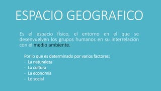 ESPACIO GEOGRAFICO
Es el espacio físico, el entorno en el que se
desenvuelven los grupos humanos en su interrelación
con e...