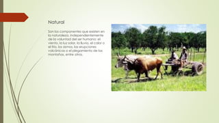 Natural
Son los componentes que existen en
la naturaleza, independientemente
de la voluntad del ser humano: el
viento, la luz solar, la lluvia, el calor o
el frío, los sismos, las erupciones
volcánicas o el plegamiento de las
montañas, entre otros.
 