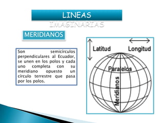 LINEAS  IMAGINARIASMERIDIANOSSon semicírculos perpendiculares al Ecuador, se unen en los polos y cada uno completa con su meridiano opuesto un círculo terrestre que pasa por los polos.