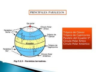 PRINCIPALES  PARALELOSTrópico de CáncerTrópico de CapricornioParalelo del Ecuador 0ºCírculo Polar ÁrticoCírculo Polar Antártico