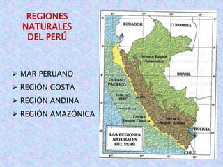 REGIONES 
NATURALES 
DEL PERÚ 
 MAR PERUANO 
 REGIÓN COSTA 
 REGIÓN ANDINA 
 REGIÓN AMAZÓNICA 
 