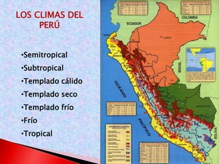 LOS CLIMAS DEL 
PERÚ 
•Semitropical 
•Subtropical 
•Templado cálido 
•Templado seco 
•Templado frío 
•Frío 
•Tropical 
 