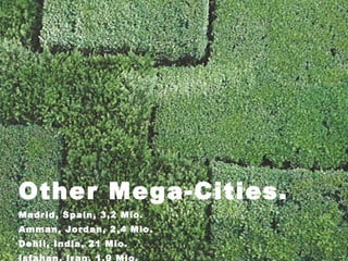 Other Mega-Cities.
Madrid, Spain, 3,2 Mio.
Amman, Jordan, 2,4 Mio.
Dehli, India, 21 Mio.
 