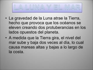 La gravedad de la Luna atrae la Tierra, hecho que provoca que los océanos se eleven creando dos protuberancias en los lados opuestos del planeta. A medida que la Tierra gira, el nivel del mar sube y baja dos veces al día, lo cual causa mareas altas y bajas a lo largo de la costa. 
