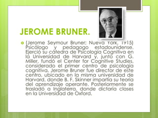 JEROME BRUNER.
 (Jerome Seymour Bruner; Nueva York, 1915)
Psicólogo y pedagogo estadounidense.
Ejerció su cátedra de Psicología Cognitiva en
la Universidad de Harvard y, junto con G.
Miller, fundó el Center for Cognitive Studies,
considerado el primer centro de psicología
cognitiva. Jerome Bruner fue director de este
centro, ubicado en la misma universidad de
Harvard, donde B. F. Skinner impartía su teoría
del aprendizaje operante. Posteriormente se
trasladó a Inglaterra, donde dictaría clases
en la Universidad de Oxford.
 