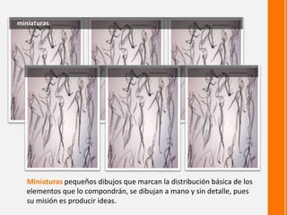 miniaturas




   Miniaturas pequeños dibujos que marcan la distribución básica de los
   elementos que lo compondrán, se dibujan a mano y sin detalle, pues
   su misión es producir ideas.
 