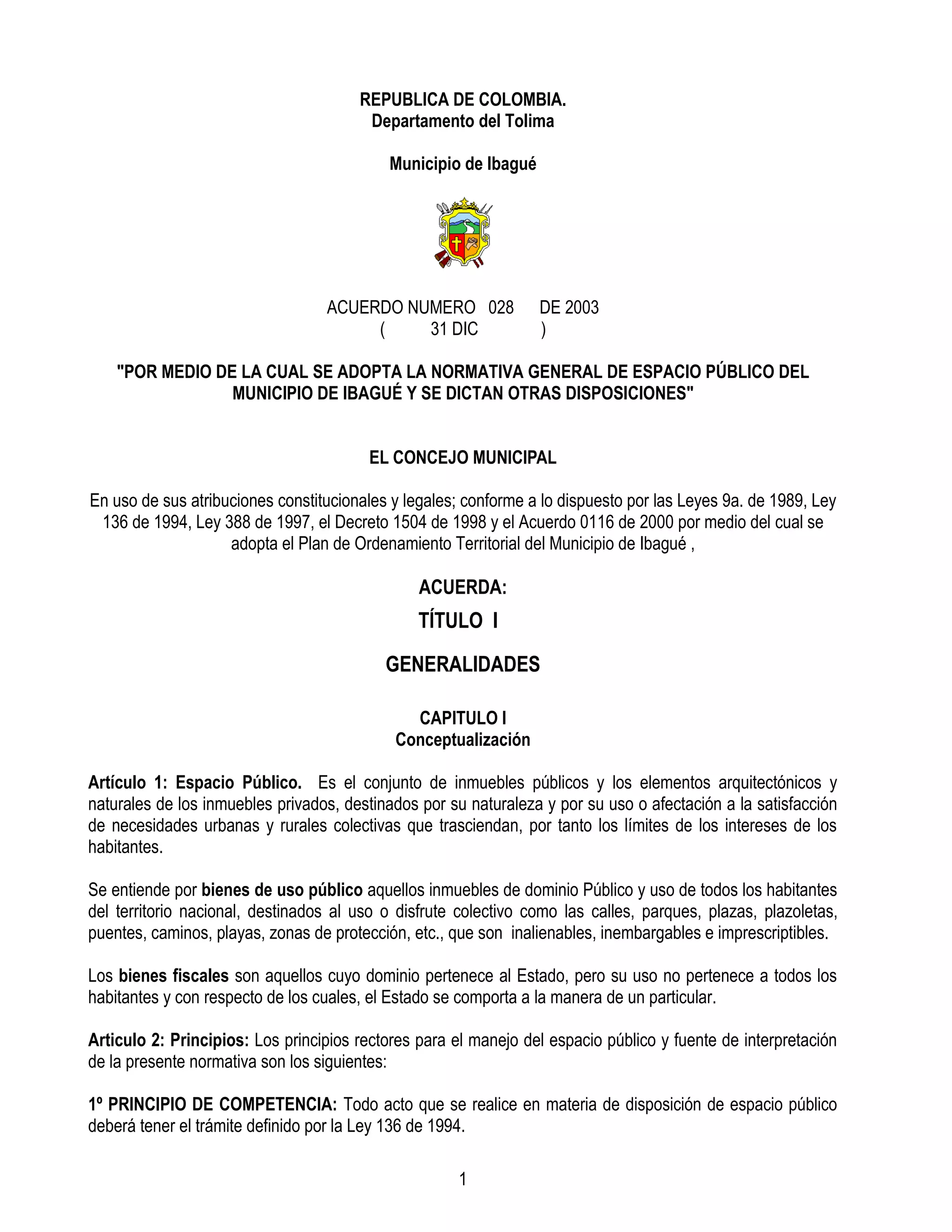 Espacio publico acuerdo 028 2003 ibague república de colombia | PDF
