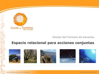 Cluster del Turismo de Canarias

     Espacio relacional para acciones conjuntas




Las Palmas de Gran Canaria                      5 de Marzo de 2009
 