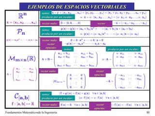 Fundamentos Matemáticosde la Ingeniería 11
EJEMPLOS DE ESPACIOS VECTORIALESEJEMPLOS DE ESPACIOS VECTORIALES
suma:suma:
producto por un escalar:producto por un escalar:
vector nulo:vector nulo: vectorvector
opuesto:opuesto:
suma:suma:
producto por un escalar:producto por un escalar:
vector nulo:vector nulo:
vectorvector
opuesto:opuesto:
suma:suma:
suma:suma:
producto por un escalar:producto por un escalar:
producto por un escalar:producto por un escalar:
vector nulo:vector nulo:
vector nulo:vector nulo: vectorvector
opuesto:opuesto:
vectorvector
opuesto:opuesto:
 