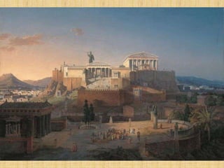 PropileosEran el único acceso a la acrópolis.Fueron obra del arquitecto Mnesicles.El edificio tenía una doble fachada hexástila, que combinaba el estilo jónico con el dórico.Albergaban la primera Pinacotecadel mundo.