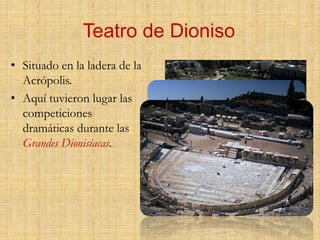 ErecteionTemplo que guarda el culto más antiguo de la ciudad.Estaba dedicado de Atenea Políada y al rey mítico Erecteo.Templo jónico con dos niveles y varios pórticos.Conservaba las marcas del tridente y el olivo sagrado de la disputa entre Atenea y Posidón.