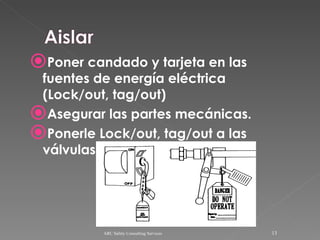 Poner candado y tarjeta en las fuentes de energía eléctrica (Lock/out, tag/out) Asegurar las partes mecánicas. Ponerle Lock/out, tag/out a las válvulas cerradas ARC Safety Consulting Services 