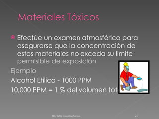 Efectúe un examen atmosférico para asegurarse que la concentración de estos materiales no exceda su limite  permisible de exposición Ejemplo Alcohol Etílico - 1000 PPM 10,000 PPM = 1 % del volumen total ARC Safety Consulting Services 