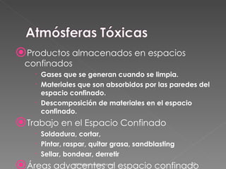 Productos almacenados en espacios confinados Gases que se generan cuando se limpia. Materiales que son absorbidos por las paredes del espacio confinado. Descomposición de materiales en el espacio confinado. Trabajo en el Espacio Confinado Soldadura, cortar, Pintar, raspar, quitar grasa, sandblasting Sellar, bondear, derretir Áreas adyacentes al espacio confinado ARC Safety Consulting Services 