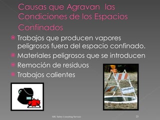 Trabajos que producen vapores peligrosos fuera del espacio confinado. Materiales peligrosos que se introducen Remoción de residuos Trabajos calientes ARC Safety Consulting Services 