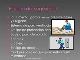 Instrumentos para el monitoreo de gases y Oxigeno. Sistema de para ventilación Equipo de protección personal Equipo para alumbrado Barreras Escaleras Equipo de rescate Cualquier otro equipo para entrar o ser rescatado ARC Safety Consulting Services 