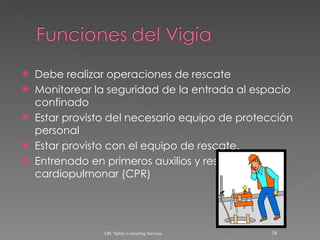 Debe realizar operaciones de rescate Monitorear la seguridad de la entrada al espacio confinado Estar provisto del necesario equipo de protección personal Estar provisto con el equipo de rescate. Entrenado en primeros auxilios y resucitación cardiopulmonar (CPR) ARC Safety Consulting Services 