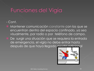 - Cont. Mantener comunicación  constante  con los que se encuentran dentro del espacio confinado, ya sea visualmente, por radio o por  teléfono de campo. De  surgir una situación que se requiera la entrada de emergencia, el vigía no debe entrar hasta después de que haya llegado ayuda adicional ARC Safety Consulting Services 