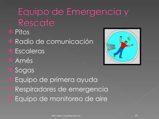 Pitos Radio de comunicación Escaleras Arnés Sogas Equipo de primera ayuda Respiradores de emergencia Equipo de monitoreo de aire ARC Safety Consulting Services 