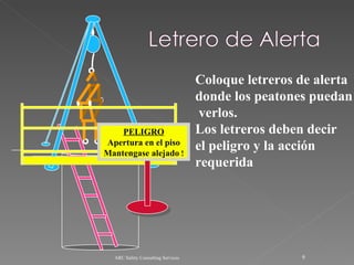 ARC Safety Consulting Services Coloque letreros de alerta  donde los peatones puedan verlos. Los letreros deben decir  el peligro y la acción requerida PELIGRO Apertura en el piso Mantengase alejado  ! 