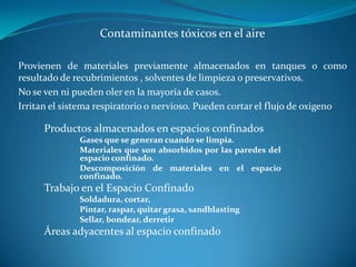 Peligros:En un espacioconfinado hay unacantidad dada de oxigeno la respiraciónhacequeaumente el dioxido de carbono.Cuandodisminuye el oxígeno a menos de  19.5%. la atmósferaestádeficiente de oxígeno y pone en peligro la vidade los ocupantesperdiendo la conciencia ymuriendo.16% - se empieza desorientar8-12% se pierde el conocimientoMenos de 8% puede causar la muerteO2CO2