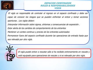 El vigía es responsable de controlar el ingreso en el espacio confinado y debe ser
capaz de conocer los riesgos que se pueden enfrentar al entrar y tomar acciones
oportunas . Los vigías deben:
Interpretar información sobre signos, síntomas y consecuencias de exposición .
Estar alerta de los cambios de comportamiento de los entrantes
Mantener un conteo continuo y preciso de los entrantes autorizados
Permanecer fuera del espacio confinado durante las operaciones de entrada hasta que
sea relevado por otro vigía.




           El vigía puede entrar a rescatar sólo si ha recibido entrenamiento en rescate y
           está equipado para operaciones de rescate y si es relevado por otro vigía.
 