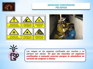 Los riesgos en los espacios confinados son muchos y no
siempre son obvios. Ya que las muertes en espacios
confinados a menudo ocurren porque la atmósfera es
carente de oxígeno o tóxica
 