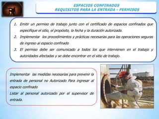 1. Emitir un permiso de trabajo junto con el certificado de espacios confinados que
      especifique el sitio, el propósito, la fecha y la duración autorizada.
  2. Implementar los procedimientos y prácticas necesarias para las operaciones seguras
      de ingreso al espacio confinado
  3. El permiso debe ser comunicado a todos los que intervienen en el trabajo y
      autoridades afectadas y se debe encontrar en el sitio de trabajo.



Implementar las medidas necesarias para prevenir la
entrada de personal no Autorizado Para ingresar al
espacio confinado
Listar al personal autorizado por el supervisor de
entrada.
 