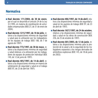 8 TRABAJOS EN ESPACIOS CONFINADOS
	Real decreto 171/2004, de 30 de enero,
por el cual se desarrolla el artículo 24 de la Ley
31/1995, en materia de coordinación de activi-
dades empresariales (BOE 27, de 31 de enero de
2004).
	Real decreto 1215/1997, de 18 de julio, re-
lativo a las disposiciones mínimas de seguridad
y salud para la utilización por los trabajadores
de los equipos de trabajo (BOE 188, de 7 de
agosto de 1997).
	Real decreto 773/1997, de 30 de mayo, re-
lativo a las disposiciones mínimas de seguridad
y salud relativas a la utilización por los trabaja-
dores de equipos de protección individual (BOE
140, de 12 de junio de 1997).
	Real decreto 485/1997, de 14 de abril, re-
lativo a las disposiciones mínimas en materia de
señalización de seguridad y salud en el trabajo
(BOE 97, de 23 de abril de 1997).
	Real decreto 486/1997, de 14 de abril, rela-
tivo a las disposiciones mínimas de seguridad y
salud en los puestos de trabajo (BOE 97, de 23
de abril de 1997).
	Real decreto 1627/1997, de 24 de octubre,
relativo a las disposiciones mínimas de seguri-
dad y salud en las obras de construcción (BOE
256, de 25 de octubre de 1997).
	Real decreto 681/2003, de 12 de junio, re-
lativo a las disposiciones mínimas para la pro-
tección de la salud y de la seguridad de los tra-
bajadores expuestos a los riesgos derivados de
atmósferas explosivas (BOE 145, de 18 de junio
de 2003).
Normativa
 