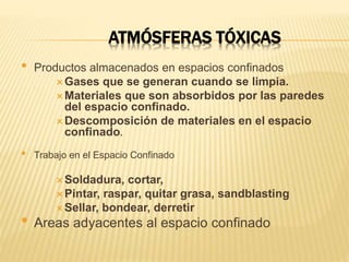 ATMÓSFERAS TÓXICAS
• Productos almacenados en espacios confinados
Gases que se generan cuando se limpia.
Materiales que son absorbidos por las paredes
del espacio confinado.
Descomposición de materiales en el espacio
confinado.
• Trabajo en el Espacio Confinado
Soldadura, cortar,
Pintar, raspar, quitar grasa, sandblasting
Sellar, bondear, derretir
• Areas adyacentes al espacio confinado
 