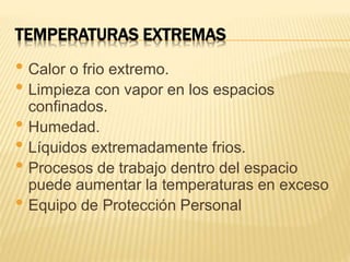 TEMPERATURAS EXTREMAS
• Calor o frio extremo.
• Limpieza con vapor en los espacios
confinados.
• Humedad.
• Líquidos extremadamente frios.
• Procesos de trabajo dentro del espacio
puede aumentar la temperaturas en exceso
• Equipo de Protección Personal
 