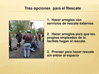 Tres opciones para el Rescate
1. Hacer arreglos con
servicios de rescate externos.
2. Hacer arreglos para que los
propios empleados de la
facilida hagan el rescate.
3. Proveer para hacer rescate
sin entrar al espacio
 
