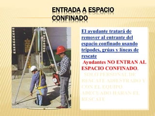 ENTRADA A ESPACIO
CONFINADO
El ayudante tratará de
remover al entrante del
espacio confinado usando
tripodes, grúas y líneas de
rescate
Ayudantes NO ENTRAN AL
ESPACIO CONFINADO.
SOLO PERSONAL DE
RESCATE ADIESTRADO Y
CON EL EQUIPO
ADECUADO HARAN EL
RESCATE
 
