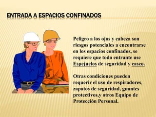 ENTRADA A ESPACIOS CONFINADOS
Peligro a los ojos y cabeza son
riesgos potenciales a encontrarse
en los espacios confinados, se
requiere que todo entrante use
Espejuelos de seguridad y casco.
Otras condiciones pueden
requerir el uso de respiradores,
zapatos de seguridad, guantes
protectivos,y otros Equipo de
Protección Personal.
 