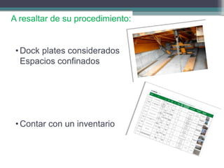 A resaltar de su procedimiento:
• Dock plates considerados
Espacios confinados
• Contar con un inventario
 