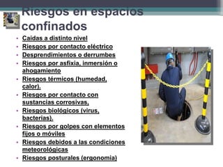 • Caídas a distinto nivel
• Riesgos por contacto eléctrico
• Desprendimientos o derrumbes
• Riesgos por asfixia, inmersión o
ahogamiento
• Riesgos térmicos (humedad,
calor).
• Riesgos por contacto con
sustancias corrosivas,
• Riesgos biológicos (virus,
bacterias).
• Riesgos por golpes con elementos
fijos o móviles
• Riesgos debidos a las condiciones
meteorológicas
• Riesgos posturales (ergonomia)
Riesgos en espacios
confinados
 