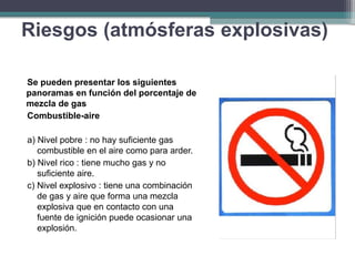 Se pueden presentar los siguientes
panoramas en función del porcentaje de
mezcla de gas
Combustible-aire
a) Nivel pobre : no hay suficiente gas
combustible en el aire como para arder.
b) Nivel rico : tiene mucho gas y no
suficiente aire.
c) Nivel explosivo : tiene una combinación
de gas y aire que forma una mezcla
explosiva que en contacto con una
fuente de ignición puede ocasionar una
explosión.
Riesgos (atmósferas explosivas)
 