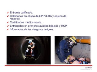 RESCATISTA
✔ Entrante calificado.
✔ Calificados en el uso de EPP (ERA y equipo de
rescate).
✔ Certificados médicamente.
✔ Entrenados en primeros auxilios básicos y RCP.
✔ Informados de los riesgos y peligros.
 