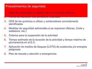 Procedimientos de seguridad.
1. Debe de contemplar un sistema de comunicación efectivo.
2. Forma de mantener una atmósfera respirable.
3. HDS de los químicos a utilizar y contenedores correctamente
identificados
4. Medidas de seguridad adicionales si se requieren (Alturas, Corte y
soldadura, etc.)
5. Criterios para la suspensión de la actividad
6. Tiempo estimado de la duración de la actividad y tiempo máximo de
permanencia en el E.C.
7. Aplicación de medios de bloqueo (LOTO) de sustancias y/o energías
peligrosas
8. Plan de rescate y atención a emergencias
 