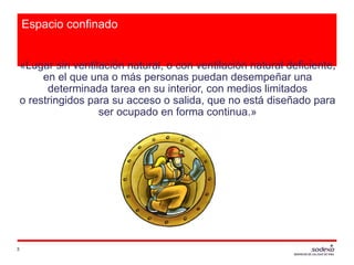 Espacio confinado
«Lugar sin ventilación natural, o con ventilación natural deficiente,
en el que una o más personas puedan desempeñar una
determinada tarea en su interior, con medios limitados
o restringidos para su acceso o salida, que no está diseñado para
ser ocupado en forma continua.»
3
 